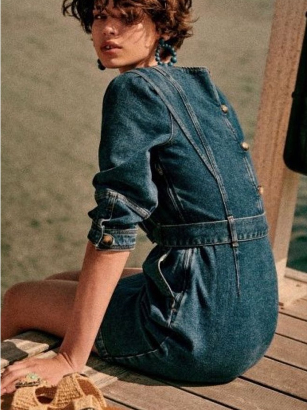 SEZANE Blue Denim Tie Waist Belted Puff Sleeve Button Back Haneia Mini Dress - Picture 7 of 15